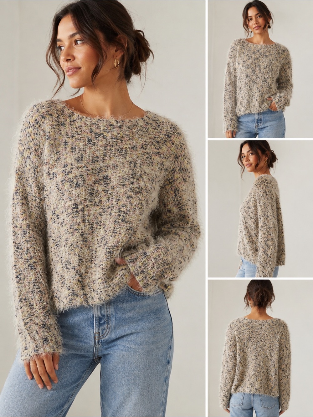 Lou & Grey Fuzzy Crewneck Sweater in Neutral Speckle